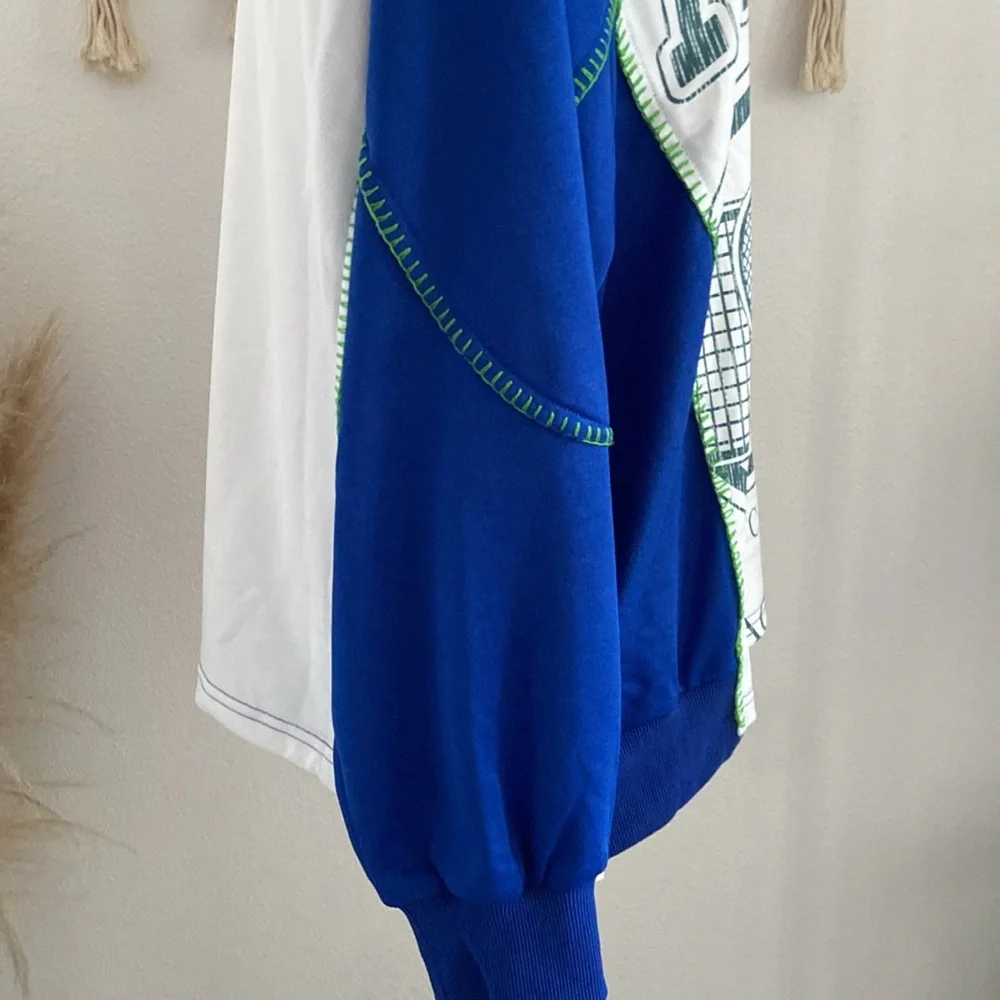 pieced sweatshirt top trendy mixed media long sleeve embroidered blue white M - Picture 9 of 16